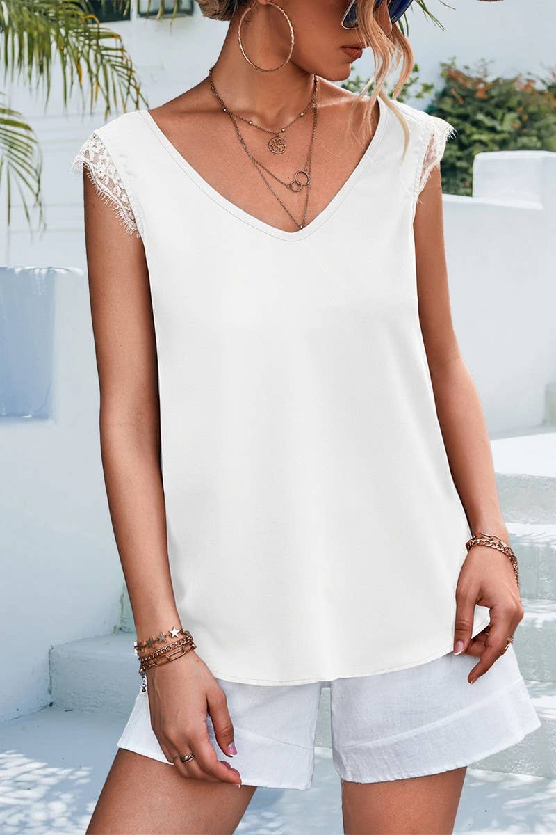 V Neck Lace Patchwork Casual Sleeveless Top_Cwtstsl0049