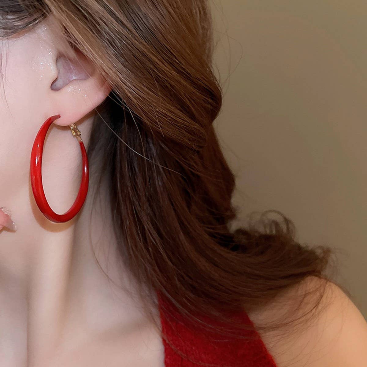 RED POLKA DOT GEOMETRIC RETRO ROUND EARRINGS_CWAJE2454