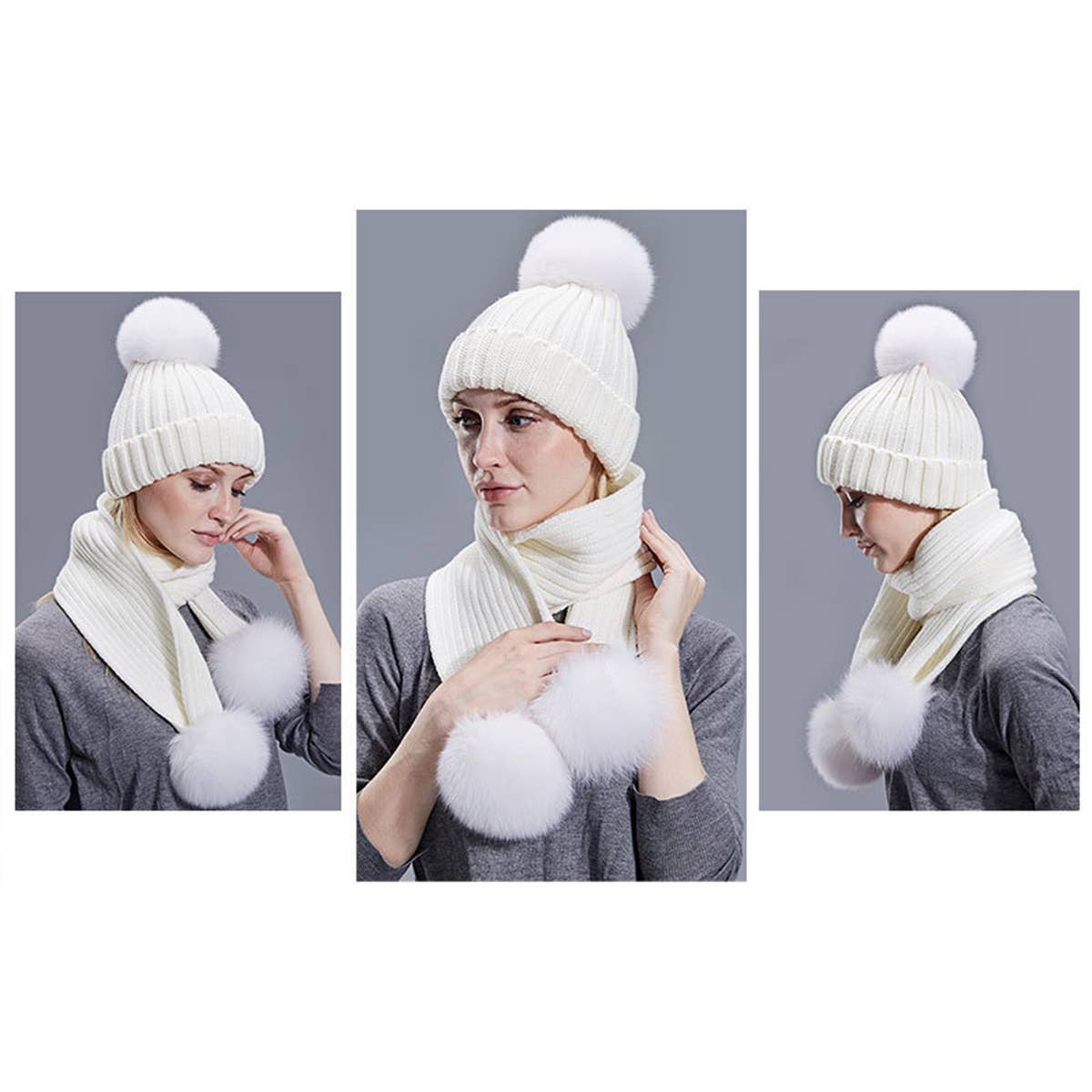 Winter Knit Scarf With Fox Fur Pom Poms_Cwasc03495