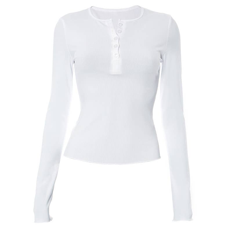 Solid Color Crew-Neck Button Casual Slim-Fit Top