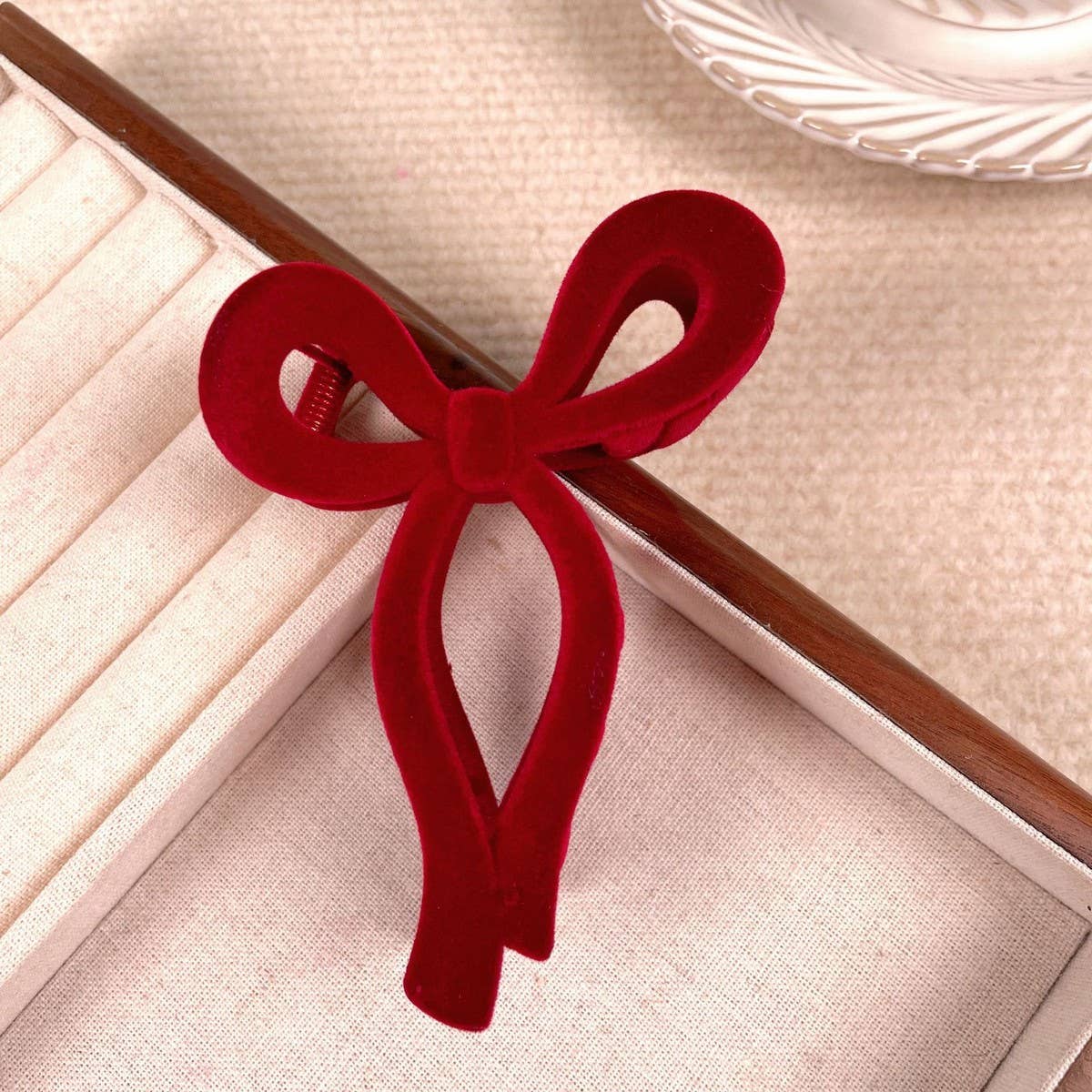 Solid Color Bow Flocking Hair Claw Clip _Cwaha07837