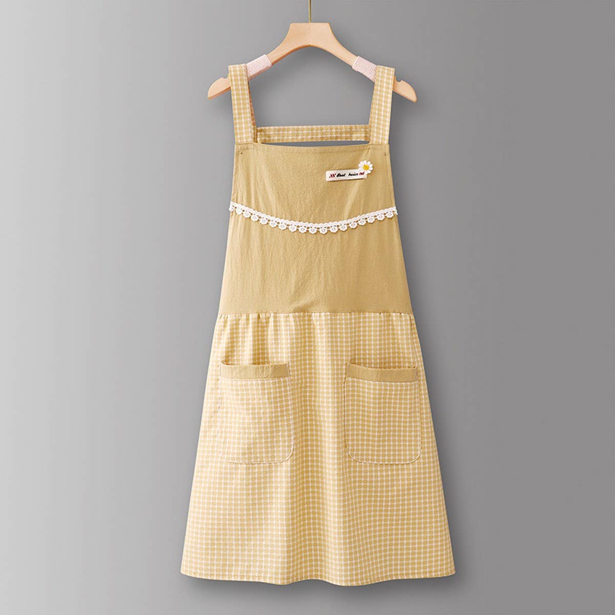 Cotton Striped Grid Kitchen Apron With Pocket_Cwmm10095