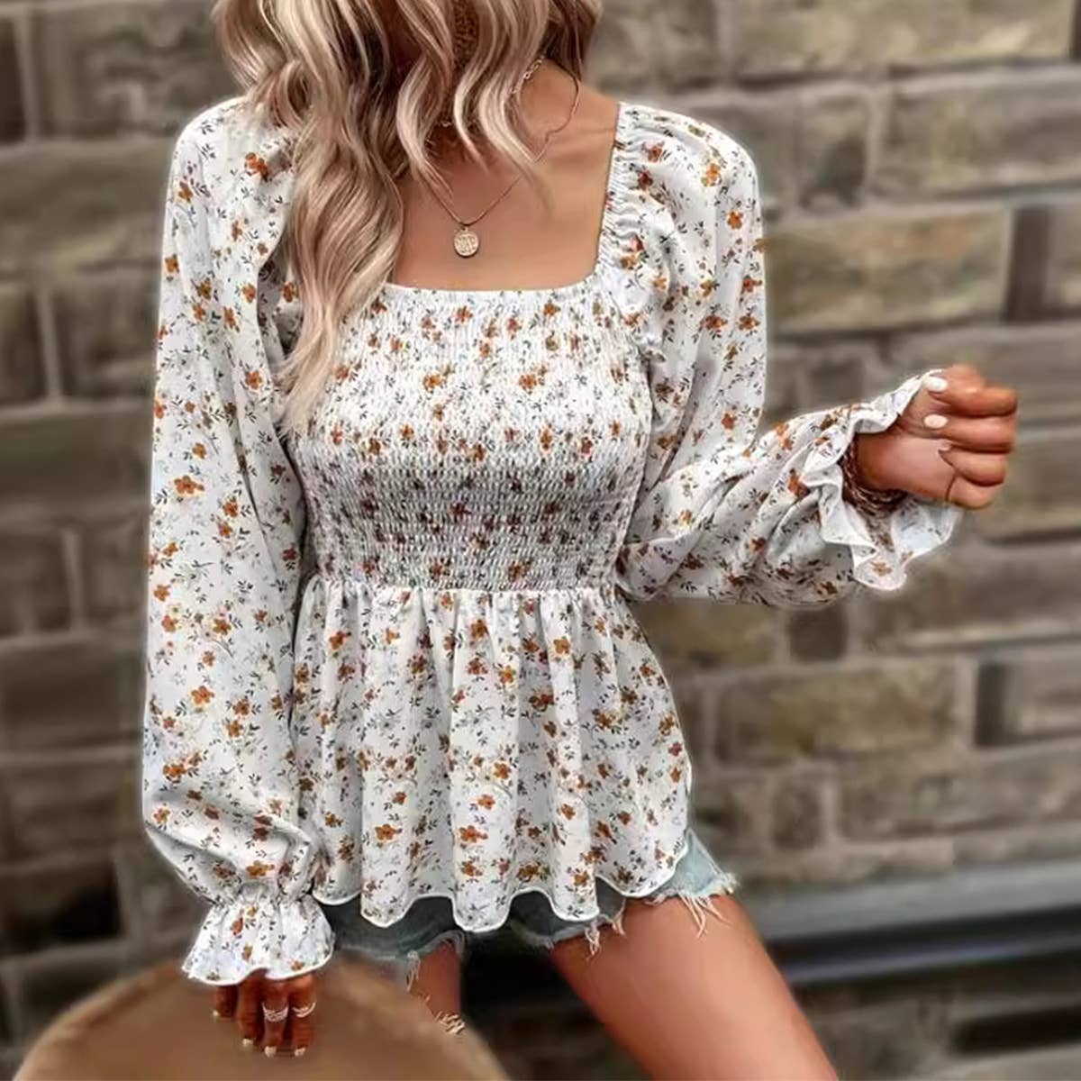 Womens Small Floral Square Collar Fallow Top_Cwtbll0760