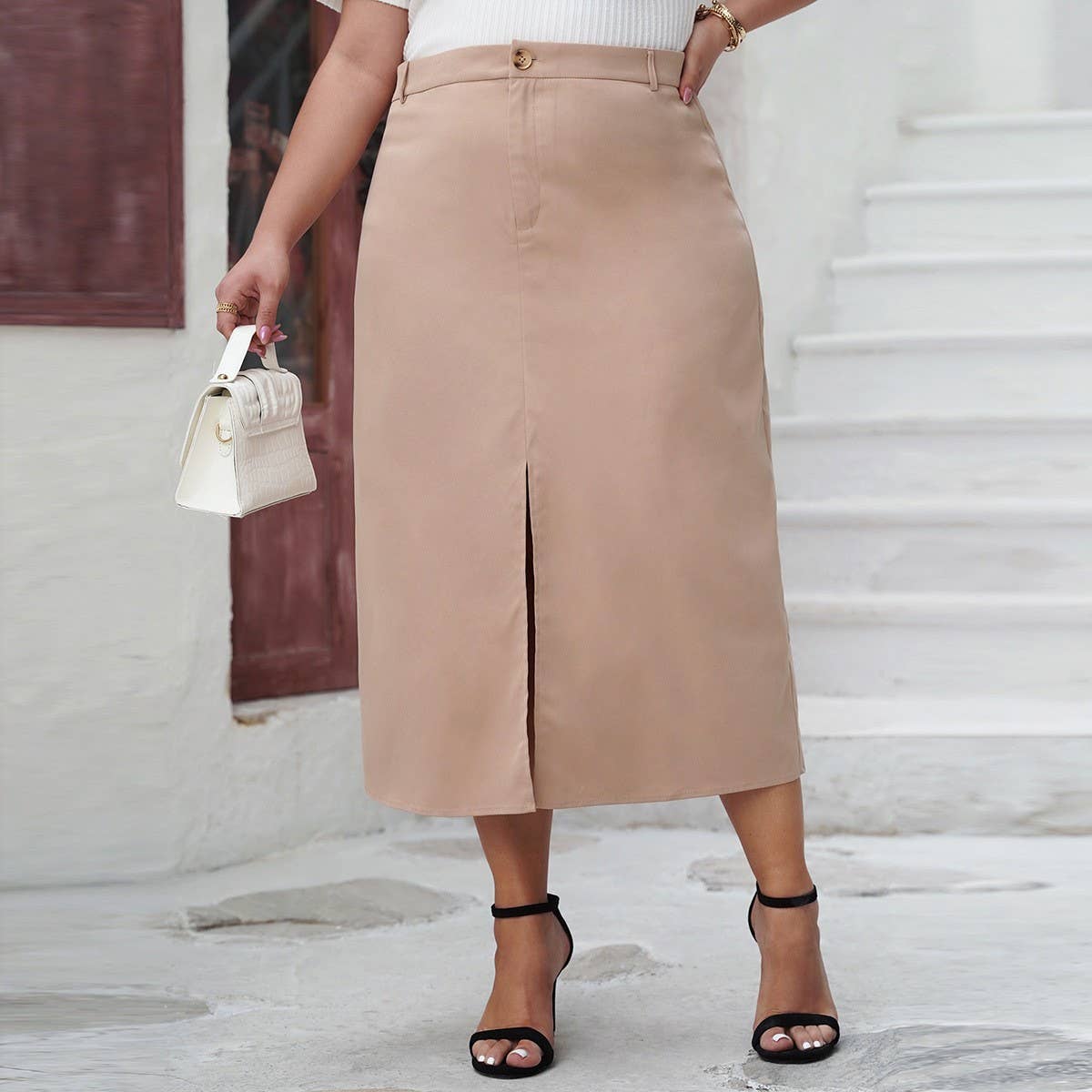 Womens Plus Size Slit High Waisted Skirt_Cwbms0098