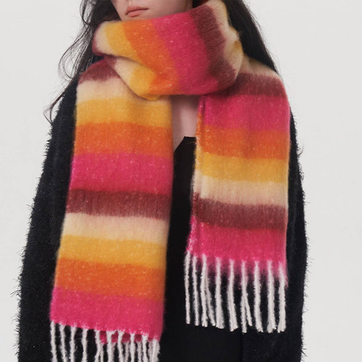 Women Striped Fringed Plaid Scarf