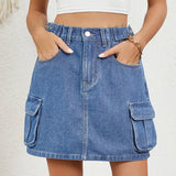 Washed Denim Skirt With Adjustable Waist