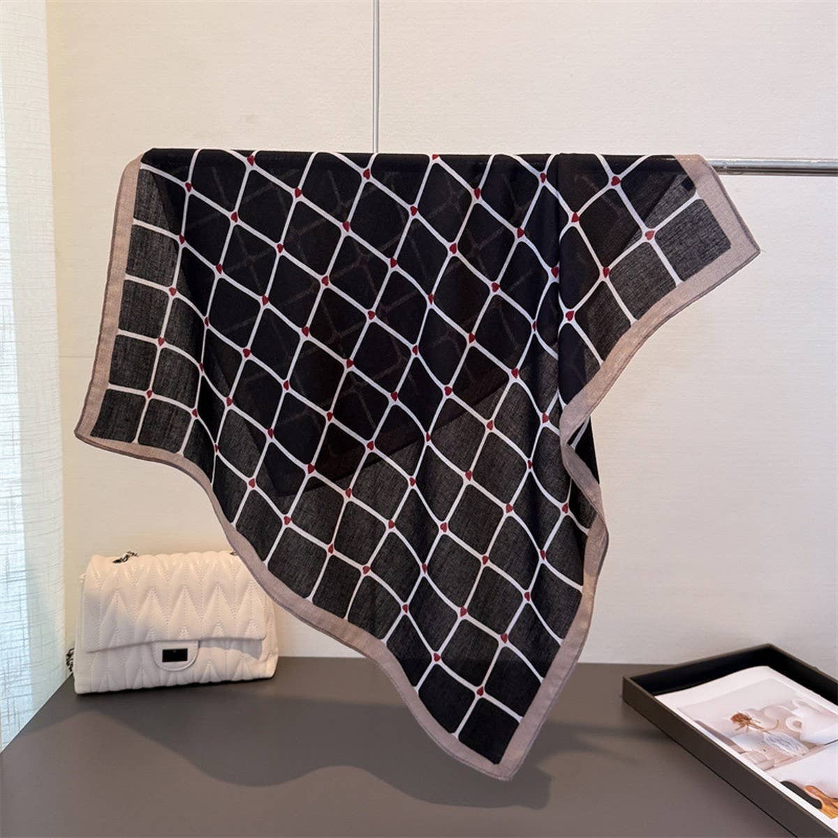 Elegant Plaid Satin Square Neck Scarf Wrap_Cwasc03320