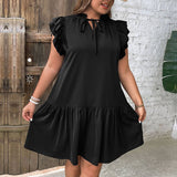 CHIC RUFFLE NECKLINE TIE WAIST VACATION DRESS_CWDMD6059