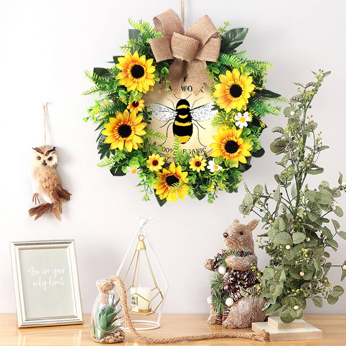 SUNFLOWER BEE FESTIVAL FAUX FLORAL WREATH_CWAJE05409