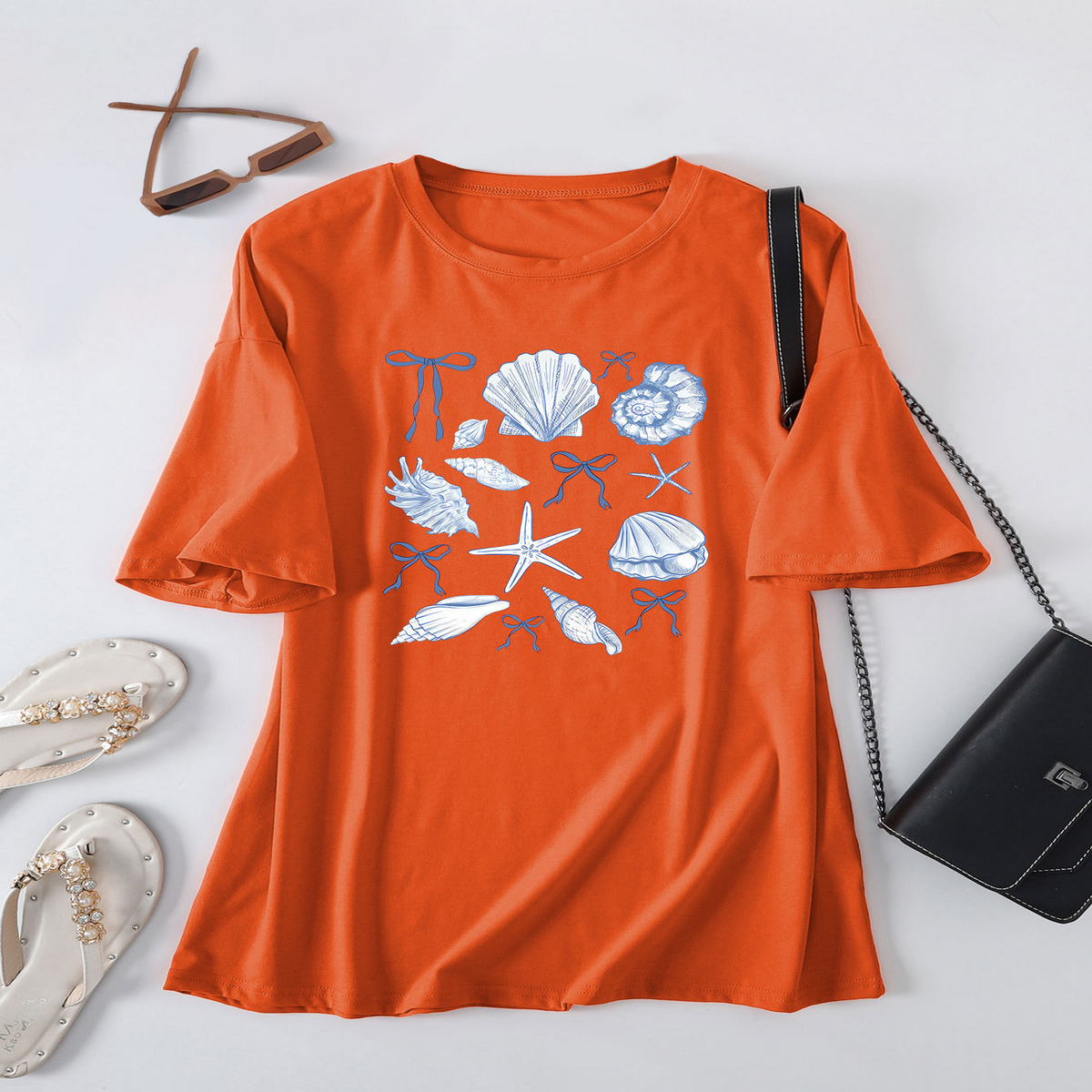 CUTE BOW PRINT T SHIRT FOR WOMEN SHELL NECKLINE_CWTTS1465