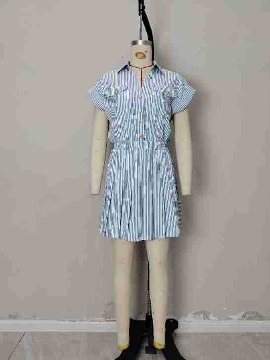 Striped Lapel Shirt, Waist-Cinching Short Dress