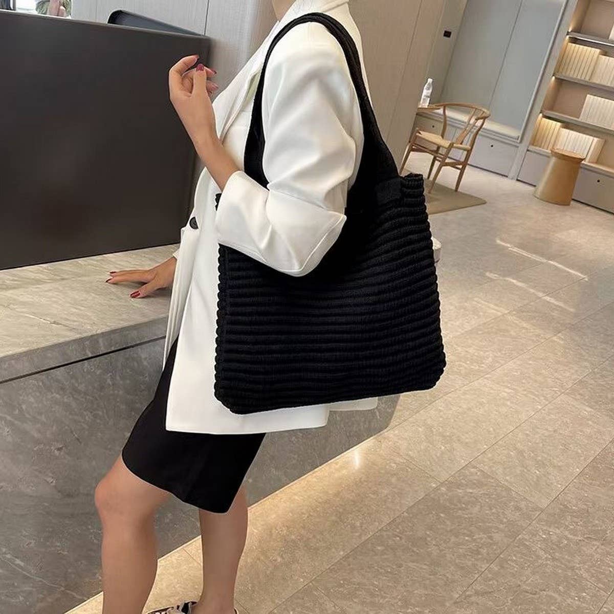 Cwab4574_Solid Color Large Capacity Knitted Shoulder Bag