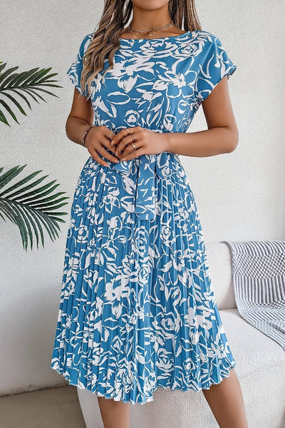 CWDMD2665_SUMMER FLOWER SHORT SLEEVE PLEATED DRESS
