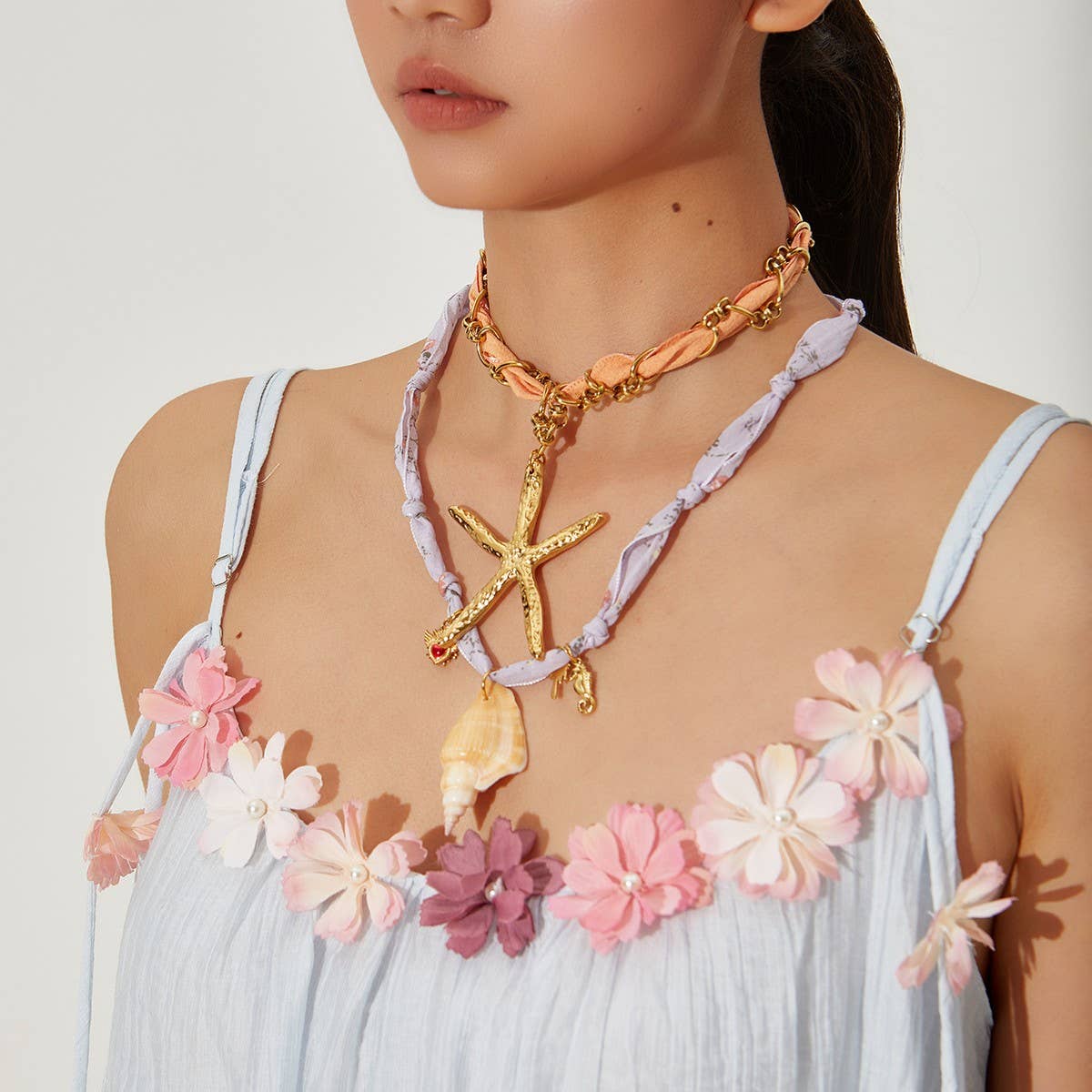 OCEAN STYLE SILK SCARF NECKLACE WITH STAR SHELL_CWMM8809