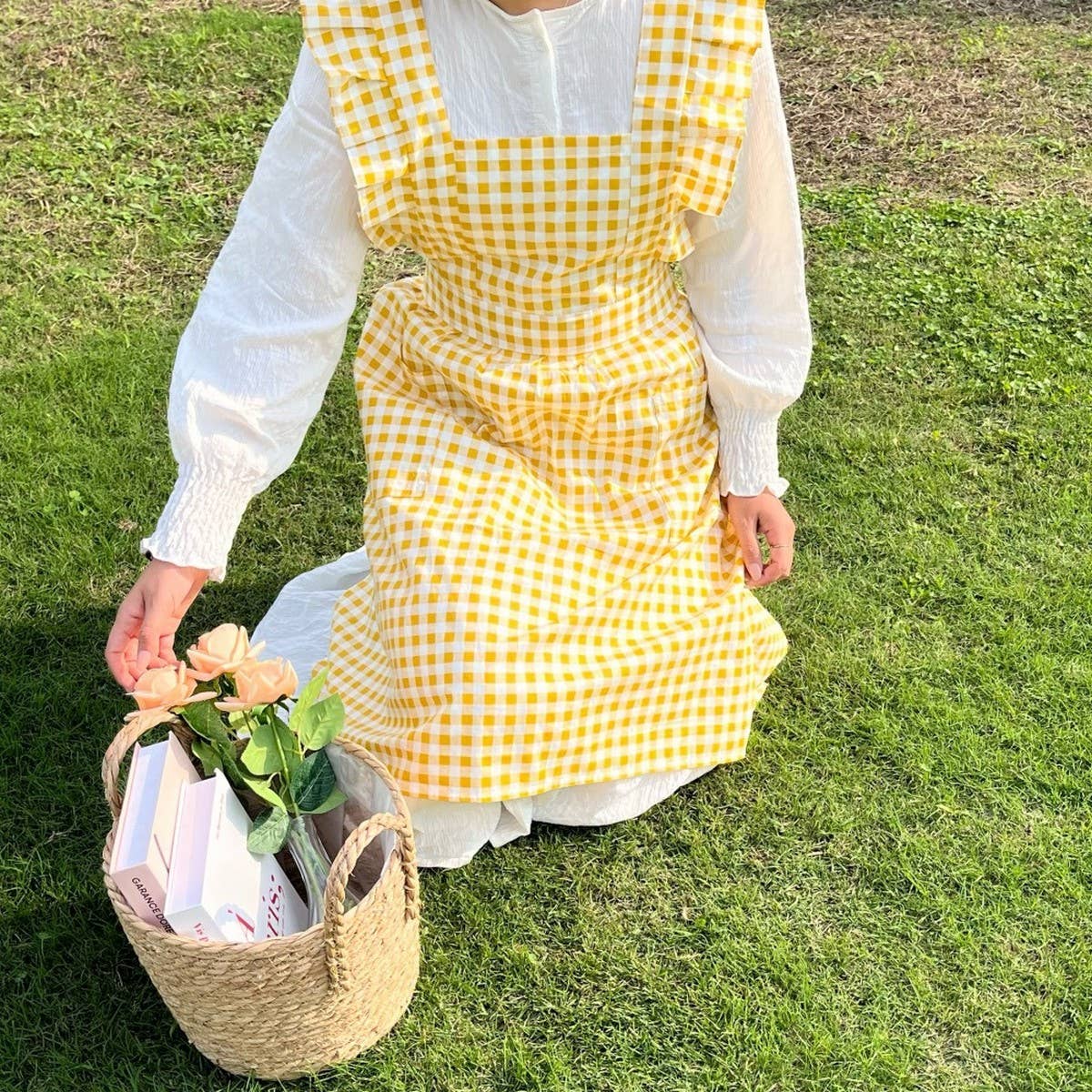 PLAID RUFFLE APRON CAFE GARDENING SMOCK APRON_CWMM5823