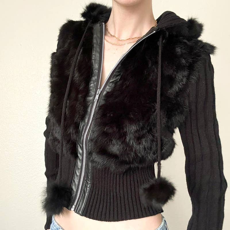 Vintage Cratered Patchwork Furry Hoodie Jacket