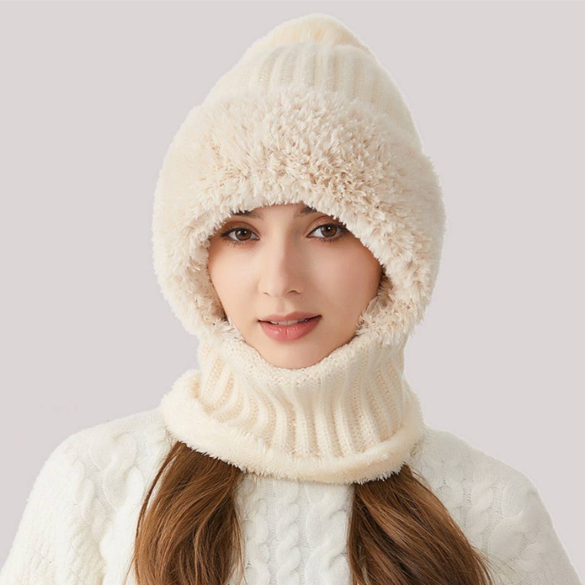 Cwah2211_Knit Thick Fluffy Ball Bib Headpiece