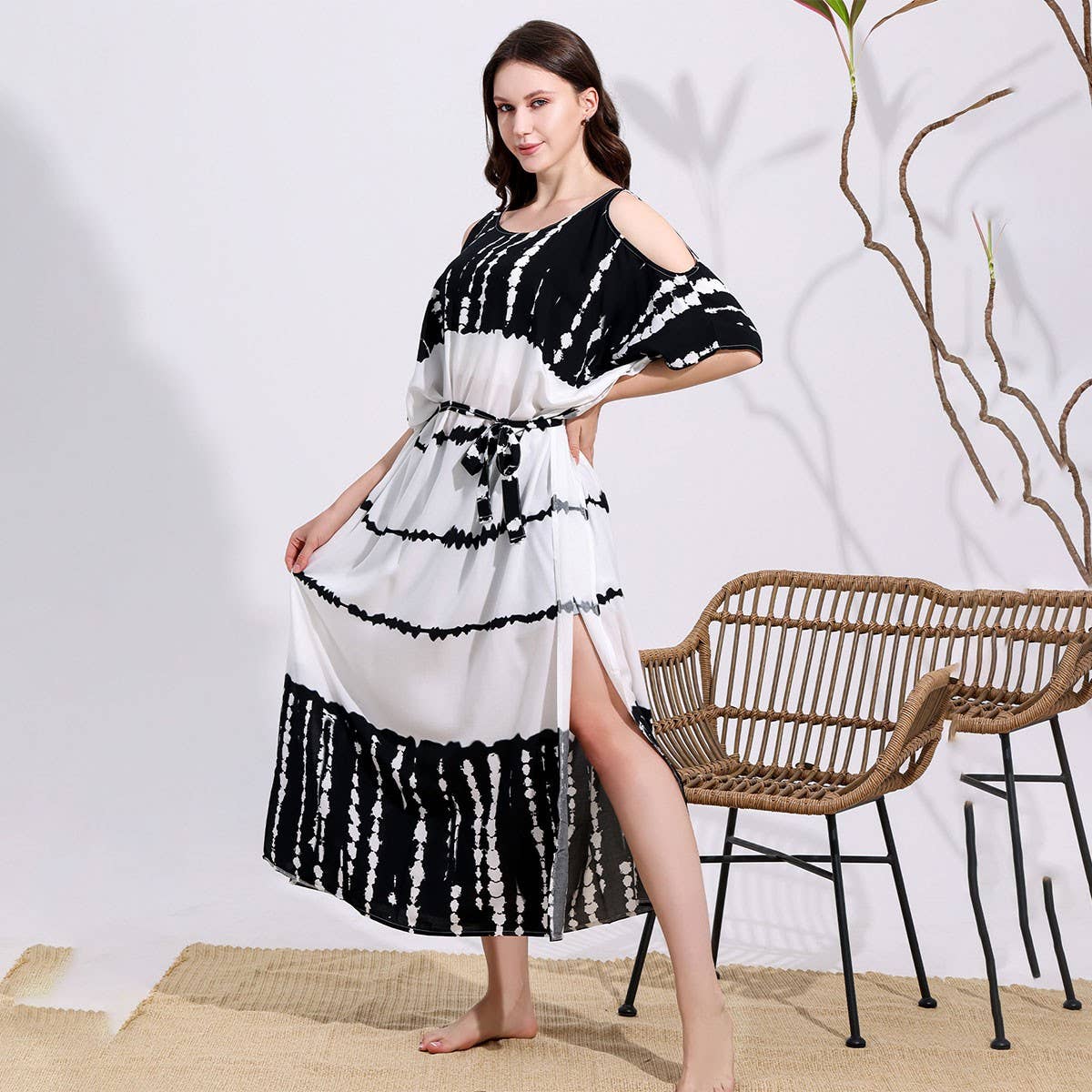 RAYON TIE DYE OFF SHOULDER BEACH COVER UP_CWMM6152