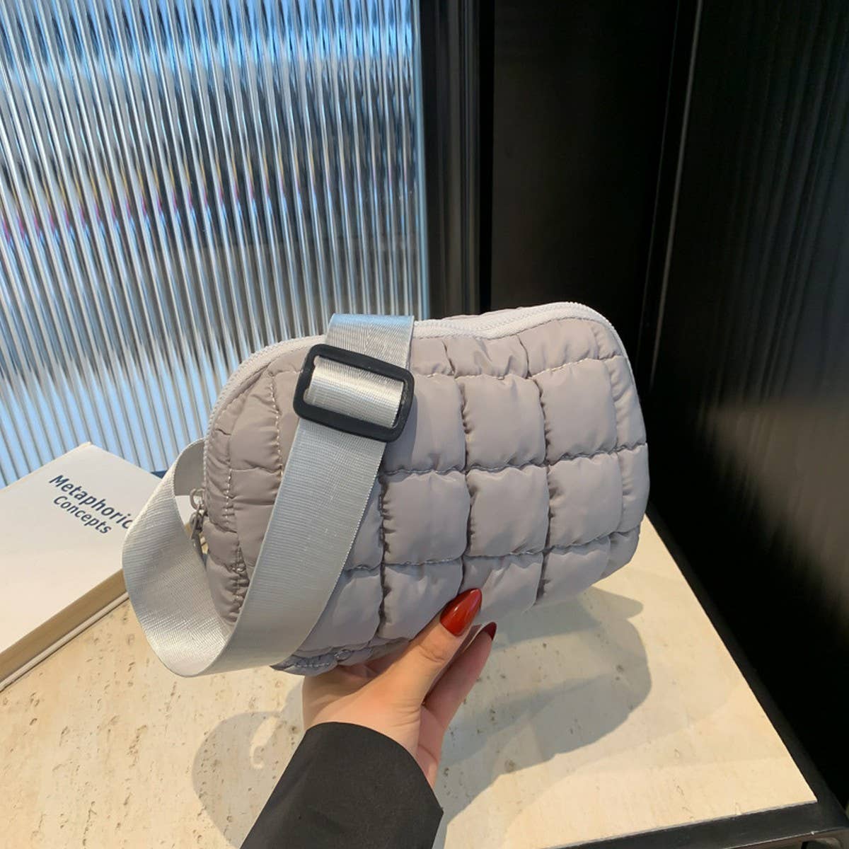 PLAID PUFFER WAIST BAG CROSSBODY CHEST PACK_CUAB00496