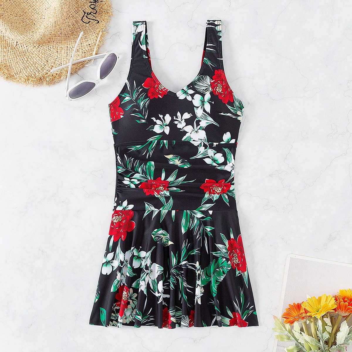 Womens Printed Suspender Skirt One-Piece Swimsuit