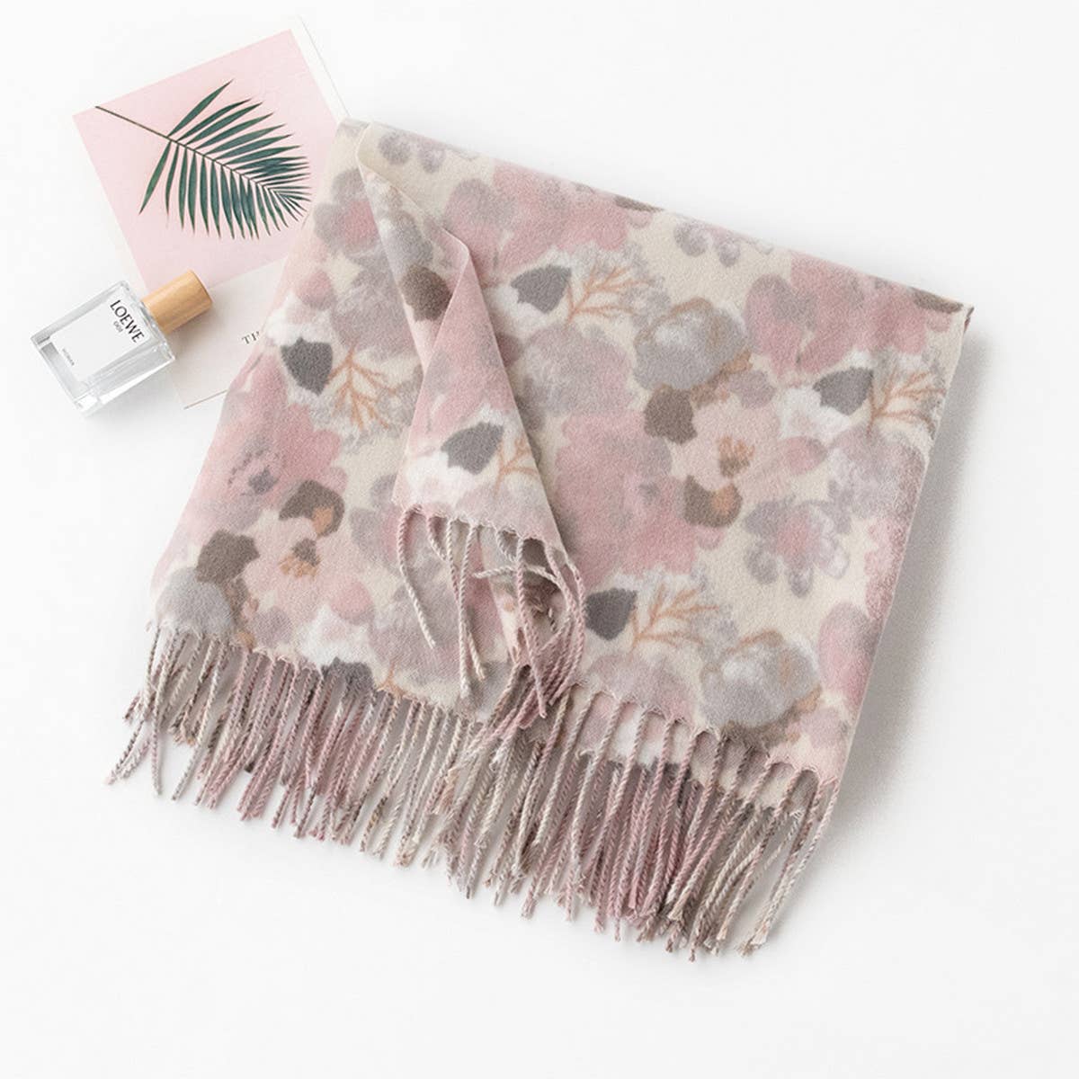 FLORAL FAUX CASHMERE SCARF SOFT WARM TASSEL SHAWL_CWASC0913