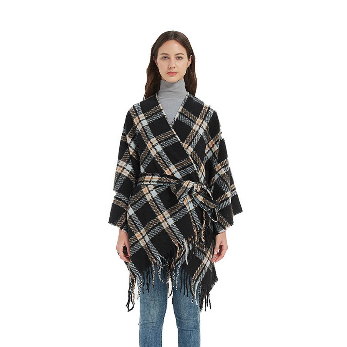 PLAID FRINGED CARDGAN WARM SHAWL CLOAK_CWASC0266