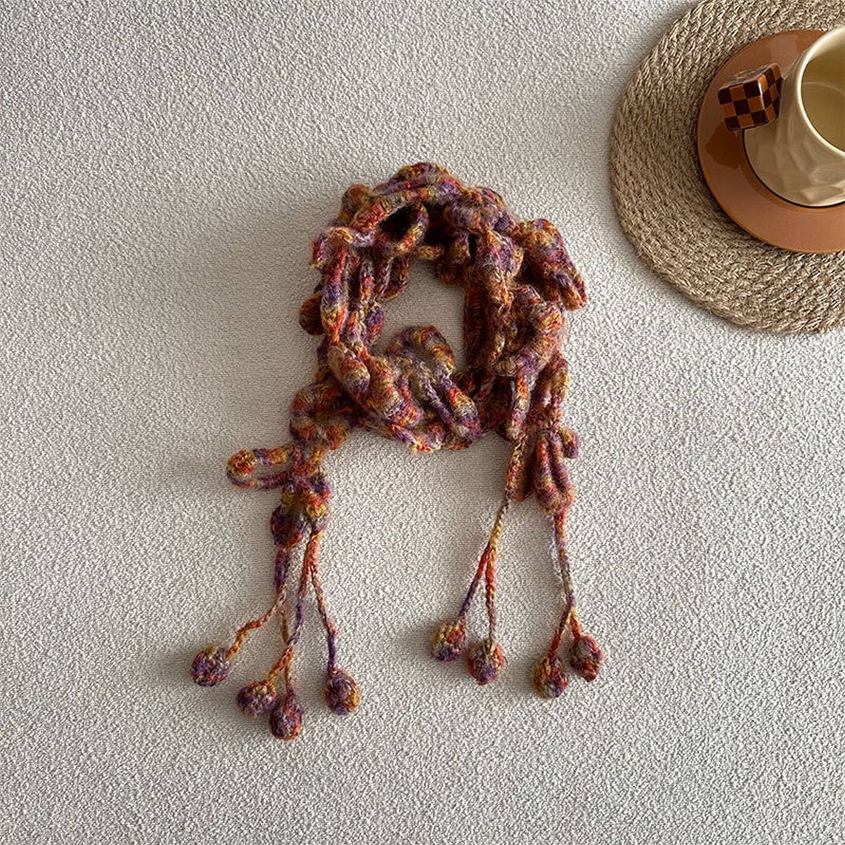 FLORAL KNIT SKINNY SCARF CROCHET NECK WRAP_CWASC2339