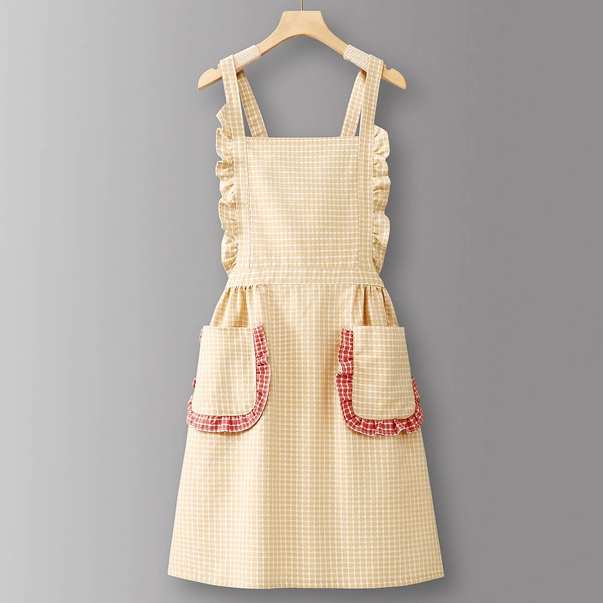 Cotton Striped Grid Kitchen Apron With Pocket_Cwmm10095
