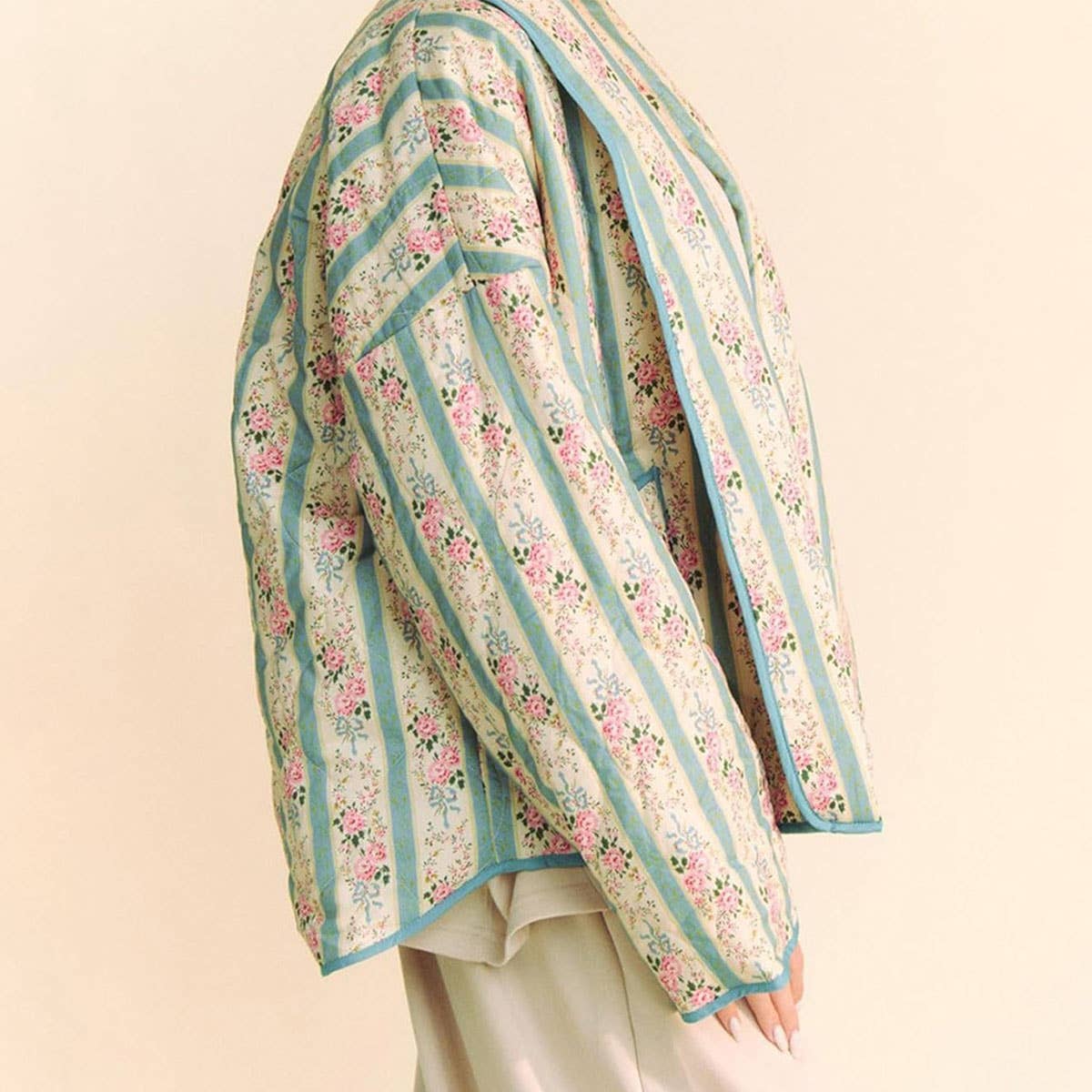 STRIPED FLORAL PRINT LOOSE QUILTED JACKET_CWOJA1552