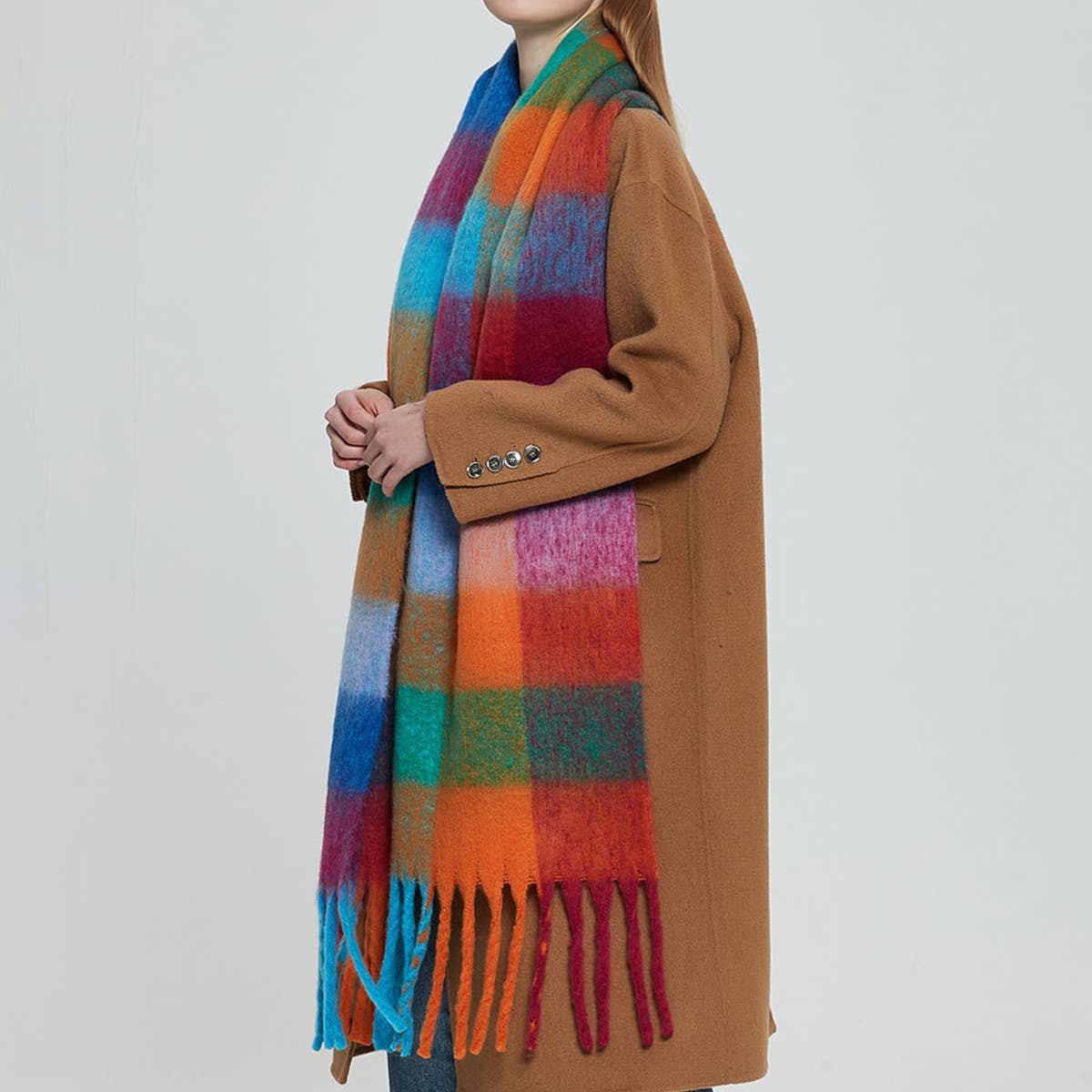 RAINBOW PLAID FUZZY SCARF THICK WINTER SHAWL WRAP_CWASC1051