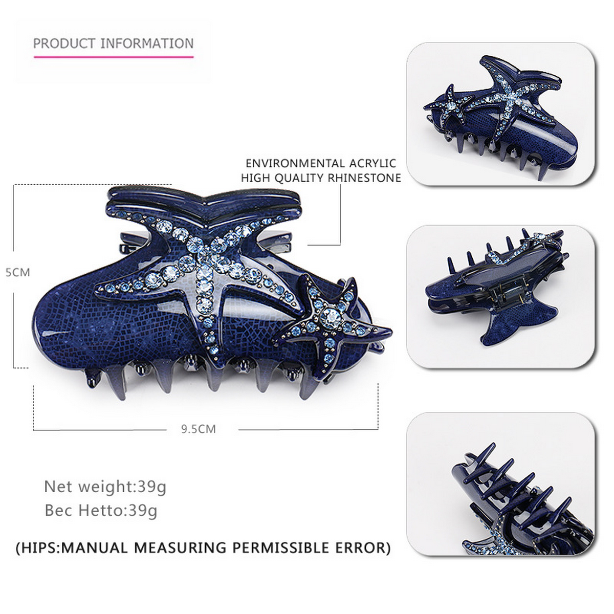 BLUE STARFISH HAIR CLAW CRYSTAL ACRYLIC SHARK CLIP_CWAHA4418 2