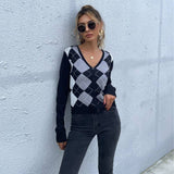 Vintage Diamond Check V-Neck Cardigan Sweater