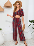 Striped Pants Short Sleeve Top Two-Piece Set