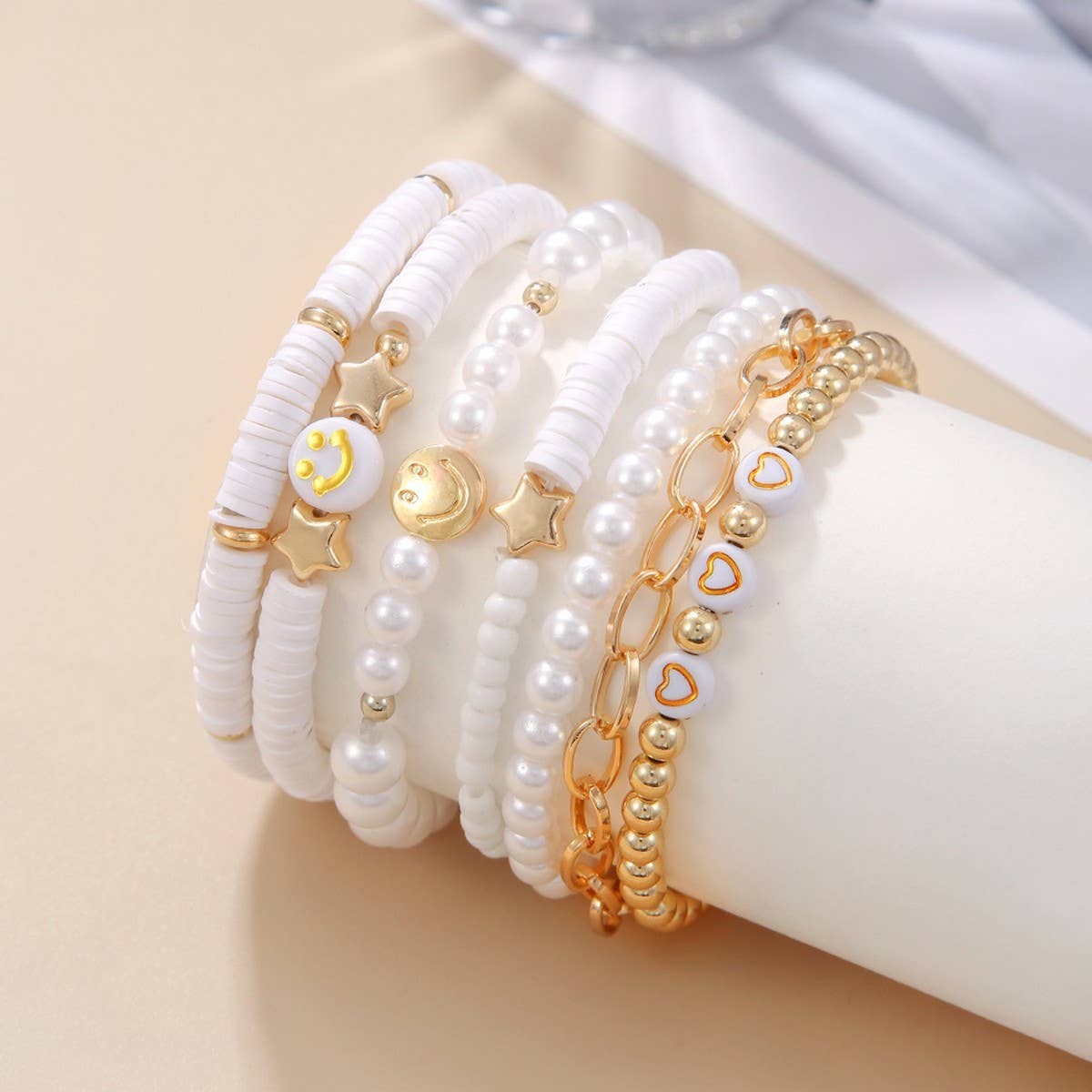 SMILEY FACE WHITE CHAIN HANDMADE BRACELET SET_CWMM3524