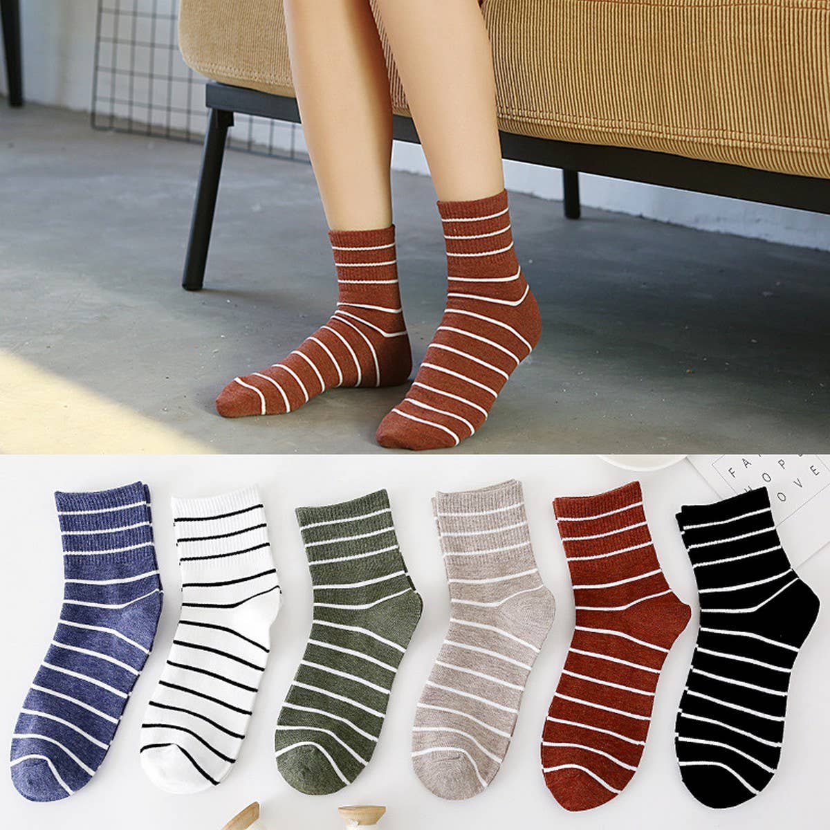 NEW ALL MATCH SOLID COLOR STRIPED MID CALF SOCKS_CWMS1401