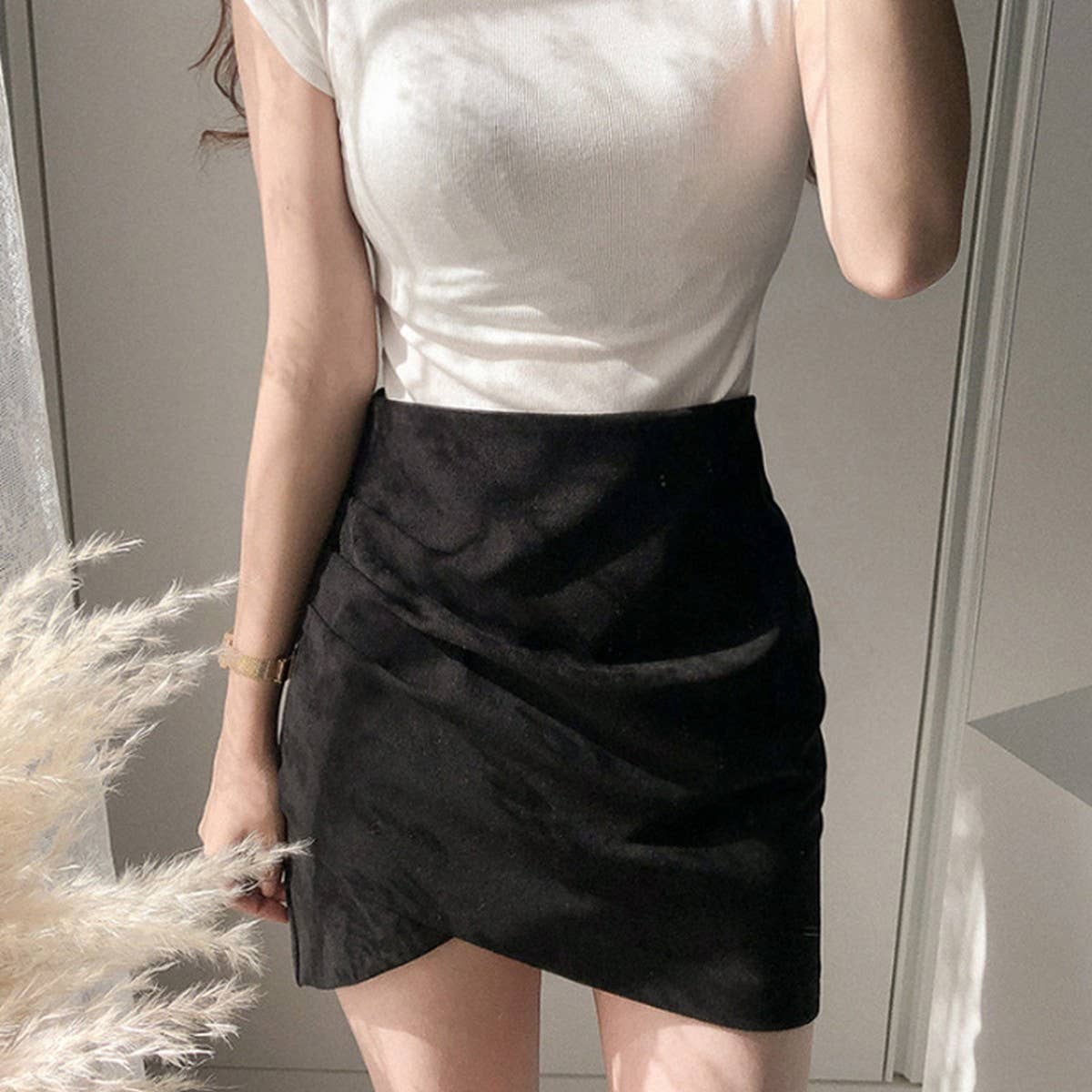 SUEDE SOLID COLOR HIP SKIRT ZIPPER SKIRT_CWAB4799