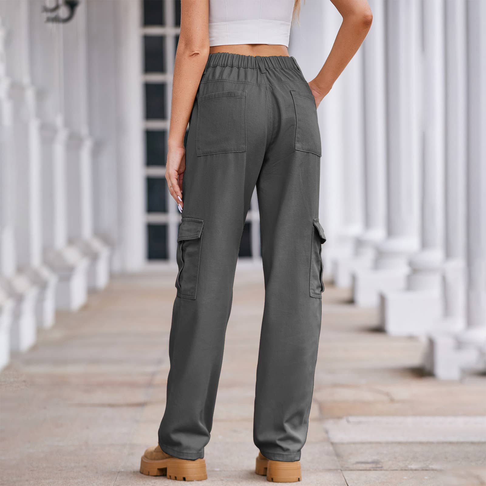 Washed Semi-Elastic-Waisted Denim Cargo Pants
