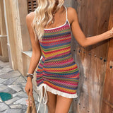 Striped Knit Ruched Backless Cami Dress