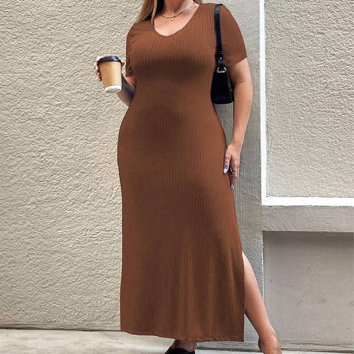 ELEGANT WAIST SLIT SHORT SLEEVE BODYCON DRESS_CWDMD6040