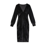 V-Neck Fanny Pack Hip Long Sleeve Velvet Dress_Cwdmd3581