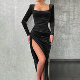 Temperament Square Neck Fold High-Waisted Dress