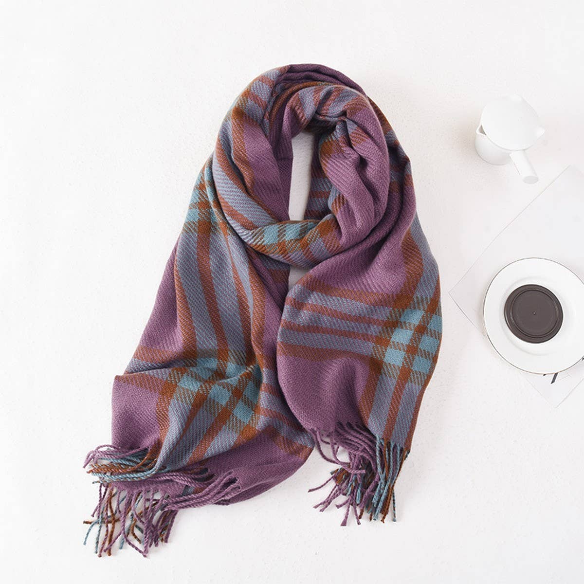 TASSEL PLAID WARM STUDENT SHAWL NECK SCARF_CWASC0409