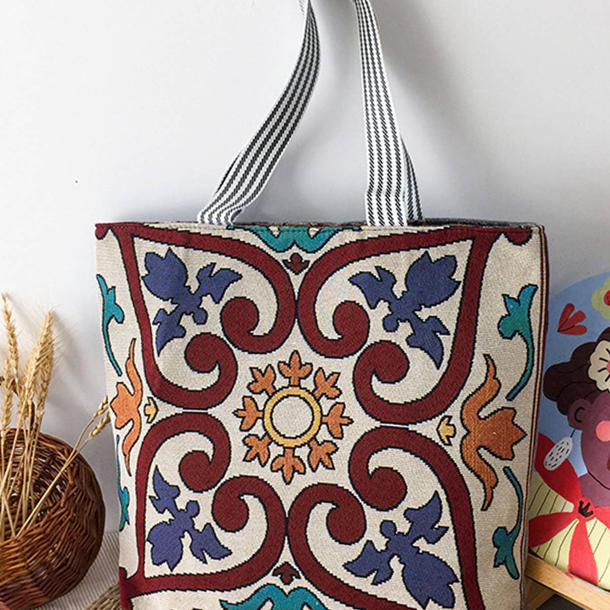 RETRO EMBROIDERED CANVAS SHOULDER BAG TOTE BAG_CWAB1672