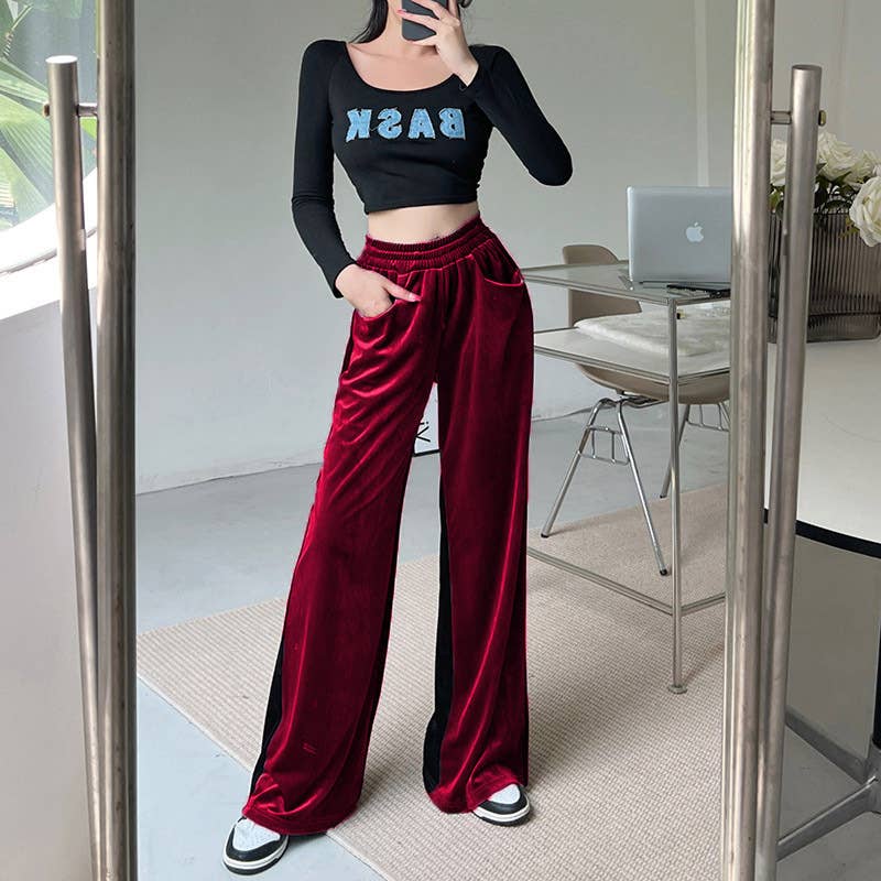 Suede Waist Waist Full Vertical Patchwork Pants