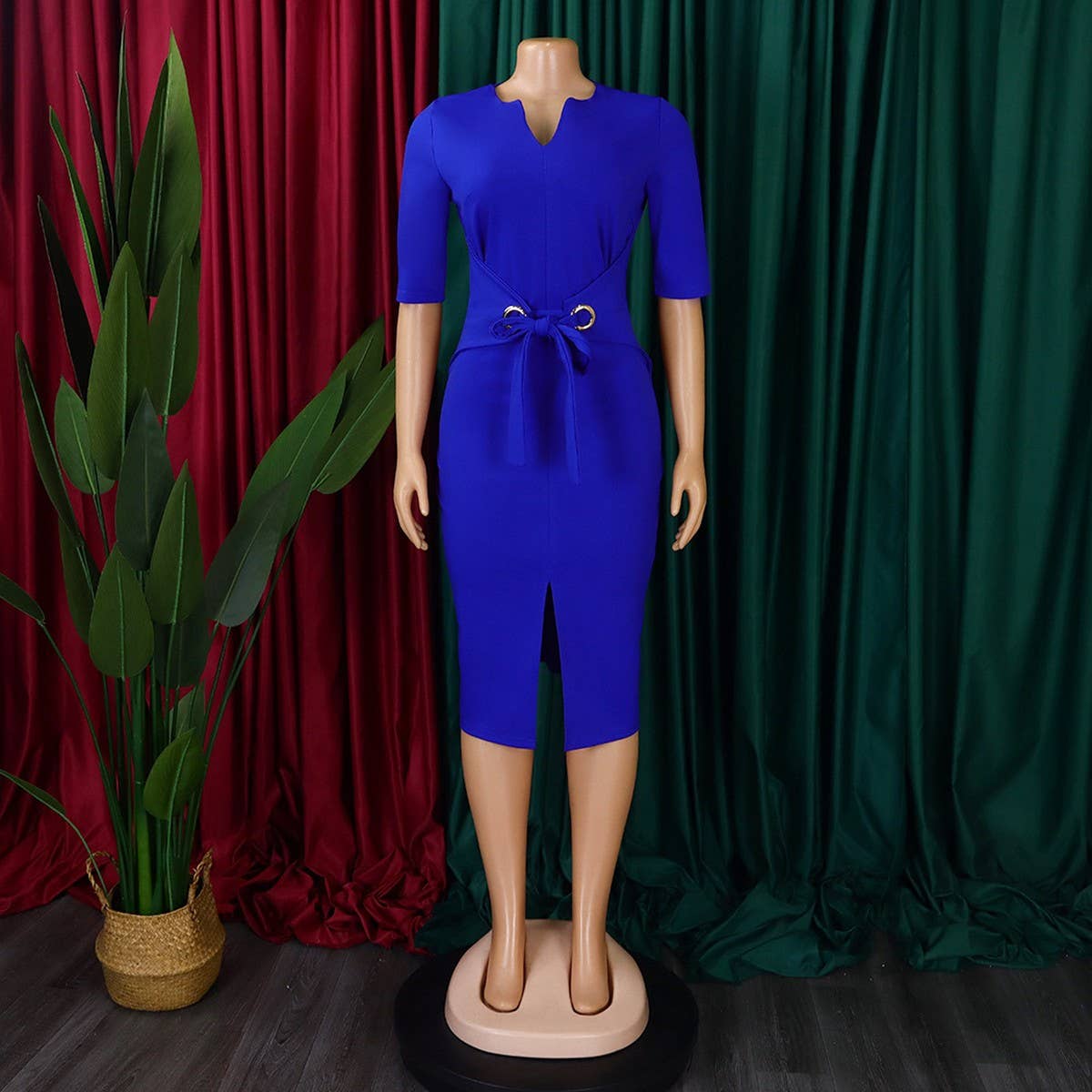 V-Neck Solid Color Hip-Hugging Elegant Dress_Cwdmd3680