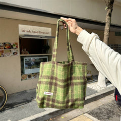 Cwab3897_Large Capacity Vintage Plaid Tote Shoulder Bag