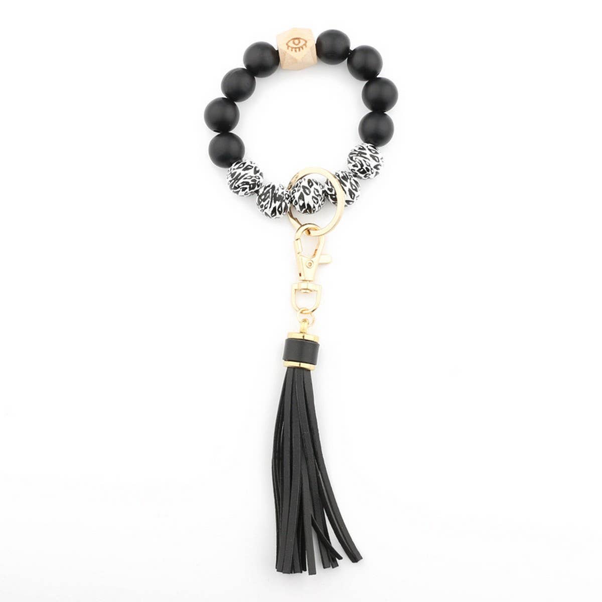 PRINTED WOOD BEAD BRACELET KEYCHAIN WITH TASSEL_CWMM7025