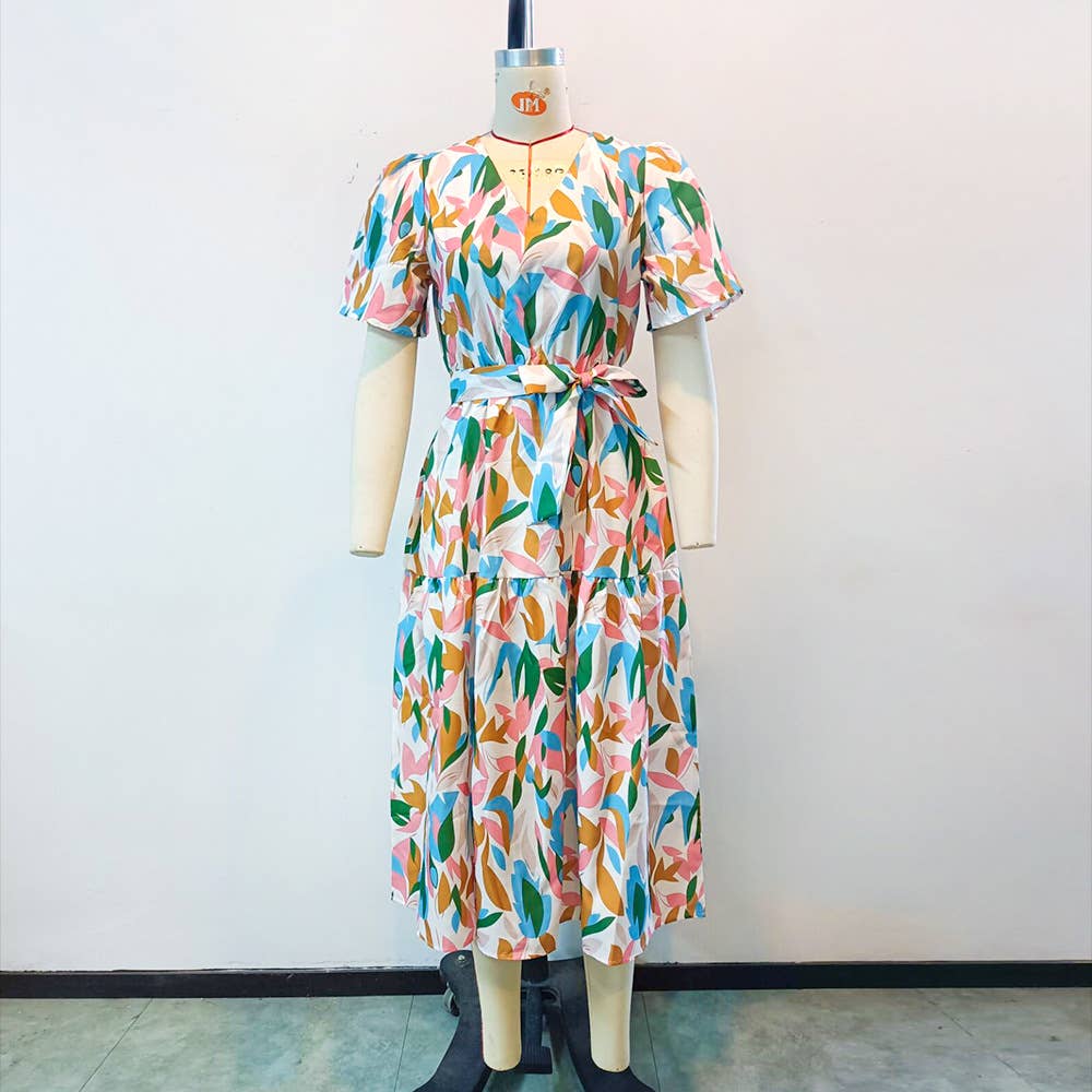 V-Neck Puff Sleeve Tie Waist Maxi Dress