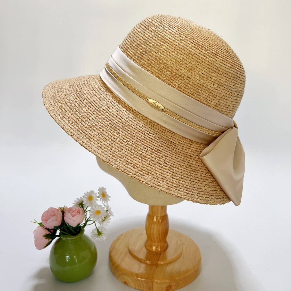 RAFFIA FASHION BOW ROUND TOP STRAW HAT_CWAH3588