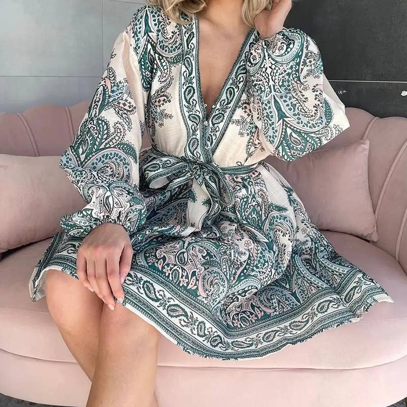 Vintage Chinese Lantern Sleeve Floral Mini Dress